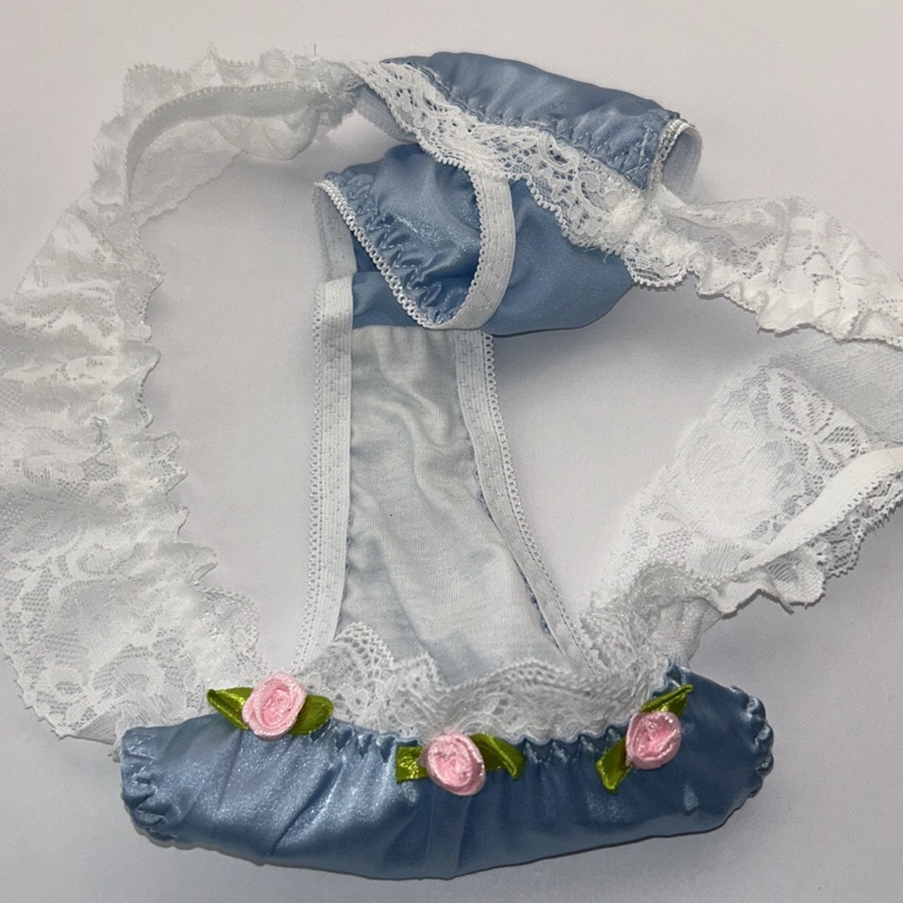 Coquette Girlie Blue Silky Satin Lace & Rosette Trim Feminine Thong Panties NWT - Picture 13 of 15